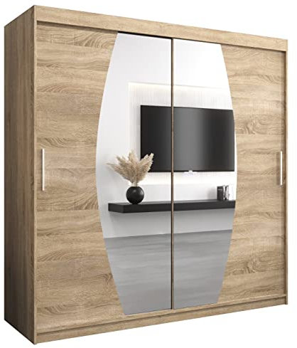 MEBLE KRYSPOL Elypse 200 Schlafzimmerschrank mit Zwei Schiebetüren, Spiegel, Kleiderstange und Regalen – 200x200x62cm - Sonoma