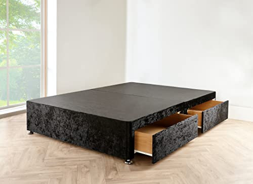 4FT6 Double Black Divan Bed Base Crushed Velvet Upholstered Fabric with Storage Drawers (135 X 190) 4 Drawers.