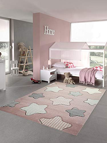 Teppich-Traum Kinderteppich Sterne Kinderzimmerteppich Mädchen in rosa Creme grau Größe 200 x 290 cm