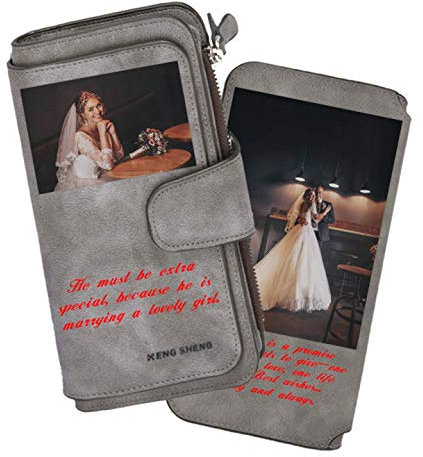 haellerry Individuelle Foto-Brieftasche der Frauen, Personalisiertes Brieftaschengeschenk für Frau, Mutter und Freundin, (Farbdruck grau)