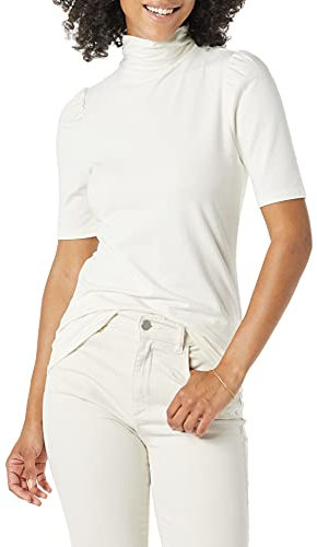 Amazon Essentials Damen Rollkragenshirt Mit Drapierten Puffärmeln Aus Baumwollmodal, Elfenbein, L