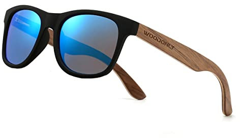 WOODONLY Retro Wood Polarized Sunglasses - Cool Style Matte Finish Frame with Wooden Temple for Men and Women Perfect Gifts (Ice blue, Walnut Wood)