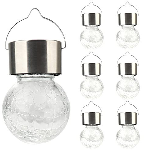 FGYZYP Lot de 6 lampes solaires à suspendre pour extérieur, 3 couleurs fonctionnant à l'énergie solaire, boule de verre craquelé, étanche, à suspendre dans un arbre, avec poignée pour jardin, cour,