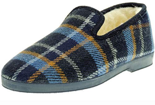Calzados Romero. Zapatillas Confortable a Cuadros de Casa para Hombre Pura Lana Virgen. Marino Talla 40