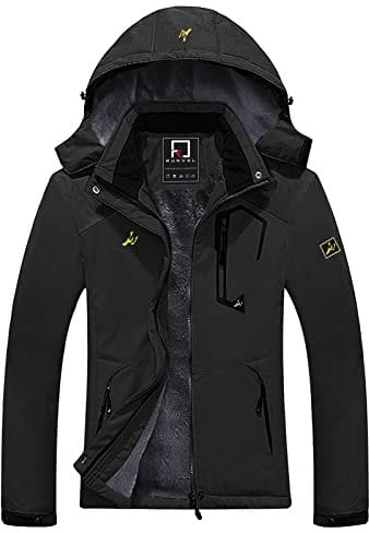 R RUNVEL Damen Mountain Wasserdichte Jacke Winddichte Fleecejacke Outdoor Wintermantel mit Abnehmbarer Kapuze Mehrere Taschen für Camping, Schwarz , 38
