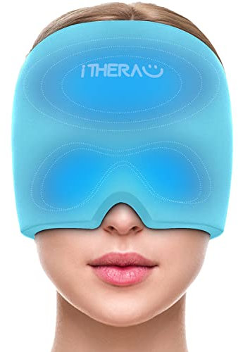 iTHERAU Migräne Maske Kopfschmerzen Maske, 360° Abdeckung Einstellbar Migräne Mütze Migraine Relief Cap, Kalt Warm Kompresse Kühlpads Gel für Kopfschmerzen, Geschwollene Augen, Nebenhöhlen