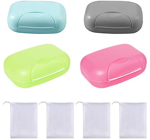 4 Stück tragbare Seifenbox und Netztasche für Seifenbox 4 Stück wasserdichte Seifenbox mit Deckel für Zuhause, Camping, Bad, Reisen (groß)