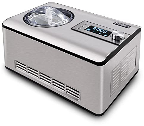 KUMIO Máquina de helado de 2.2 cuartos con compresor, máquina de yogur de helado 2 en 1, sin precongelación, máquina de hacer helado de acero inoxidable con pantalla LCD, sin precongelación