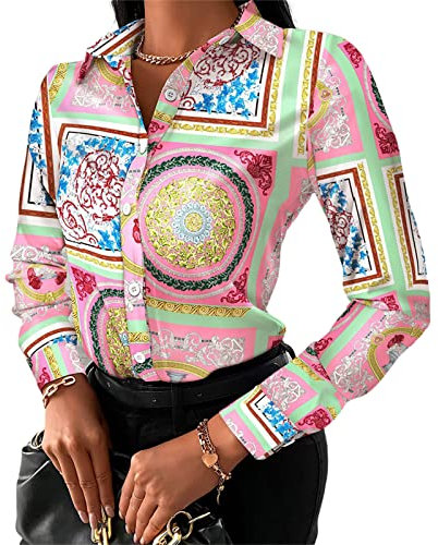 Siyova Camicetta Donna Sexy a Maniche Lunghe Blusa Elegante Camicia da Ufficio Casual (Fiore Rosa, L)