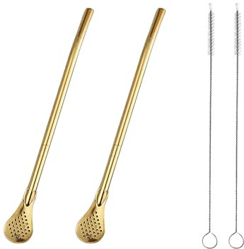 2 Stück Edelstahl Strohhalm Löffel Filter mit 2 Reinigungsbürste, Wiederverwendbarer Teelöffel für Losen Tee, Yerba Mate Strohhalm, Metall Trinkhalme, Kaffee Rührer für Getränke Milch Getränke (Gold)
