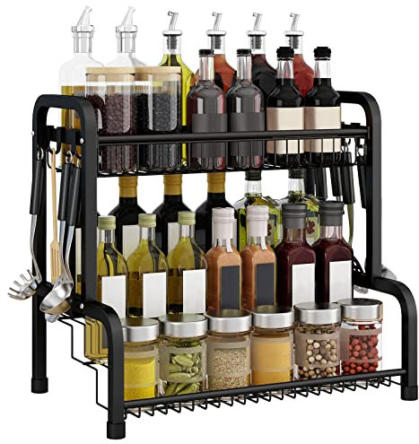 YRHome 4 Entagen Gewürzregal Metall Stehend aus Edelstahl Küche Gewürzhalter Gewürzaufbewahrung Küchenregal Gewürz Organizer für Gewürzflaschen Gläser Ölflaschen Vorratskammer mit 8 Abnehmbarem Haken