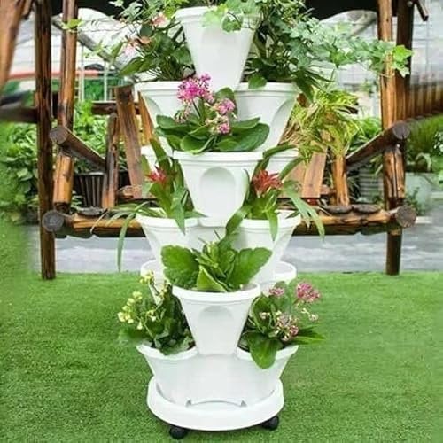 3 Tier Stackable Garden - Plant Festival Special -Stand Stacking Planters Strawberry Planting Pots - Indoor/Outdoor Vertical Planter Set - Self Watering Tiers from Top Down (Color : White, Size :
