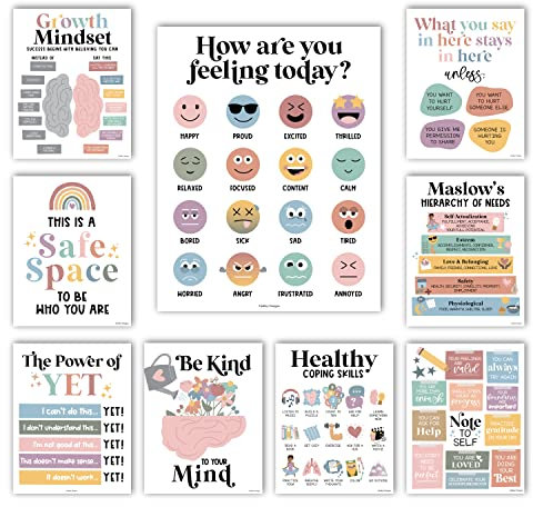 9 Boho-Poster für psychische Gesundheit für Klassenzimmer, Grundschule – Schulberater, Bürodekoration, psychische Gesundheit Dekor für Büro, Therapie, Büro, Psychische Gesundheit, Schulberatung,