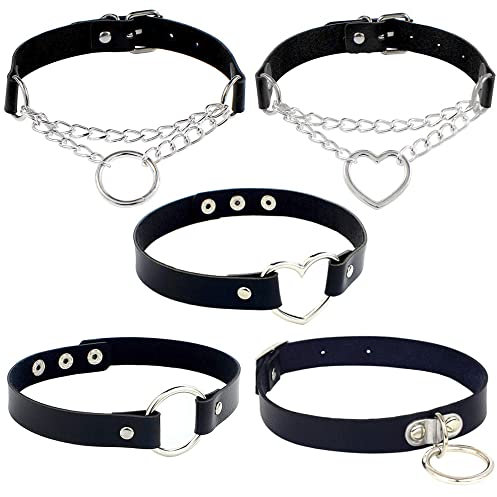 Gothic PU Leder Choker Halskette Set Mit Spikes - Punk Kette Halsband Verstellbar - Rock Cosplayer Mit Herz Anhänger Nieten, Schwarz