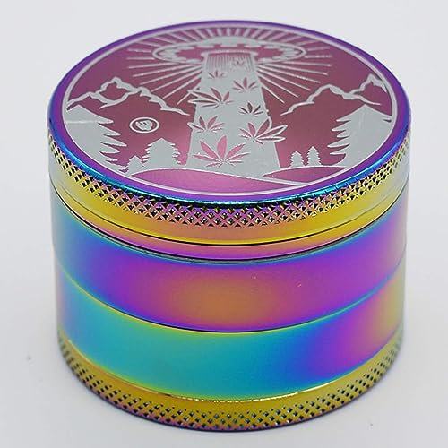 Rainbow UFO Grinder Regenbogen Crusher Mühle für Kräuter Spice Herb Ø 50 mm 4 teilig Set mit Pollen Scraper inkl. Pop Up Dose
