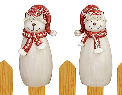 B2S BACK2SEASON Zaunfigur Katze mit Mütze und Schal Katzenpaar Winter Zaundeko Zaunhocker Gartendeko H=20 cm 2er Set