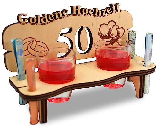 Urhome Hochzeit Schnapsbank aus Holz und 2 Schnapsgläser - 50. Hochzeitstag zur Goldene Hochzeit - Hochzeitsbank mit Gläser zum Jubiläum Jahrestag - Hochzeitsgeschenk für Brautpaar