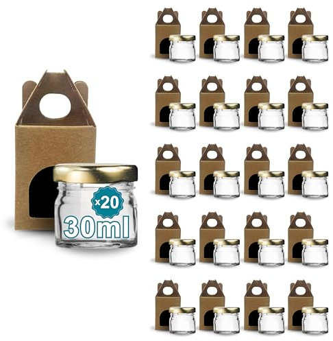 Espirito Rebelde Pack de 20 pots en verre vides avec couvercle de 30 ml avec 20 bôites en carton pour 1 pot de confiture - Pour confitures, conserves, miel