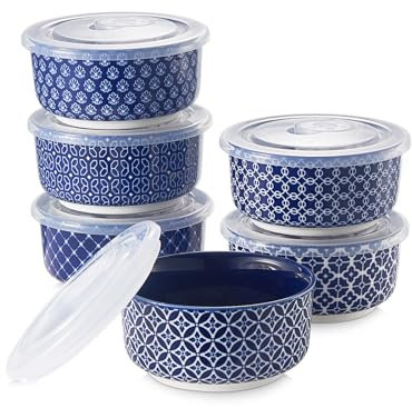 DOWAN Ramequins Lot, 6 X 235 ml Ramequins et Moules à Soufflés en Porcelaine, Ramequin Dessert pour Muffin, Ramequin Four à Pâtisserie, Glace, Sauce, Fruit, Collation, Ø 11cm-Vintage Bleu