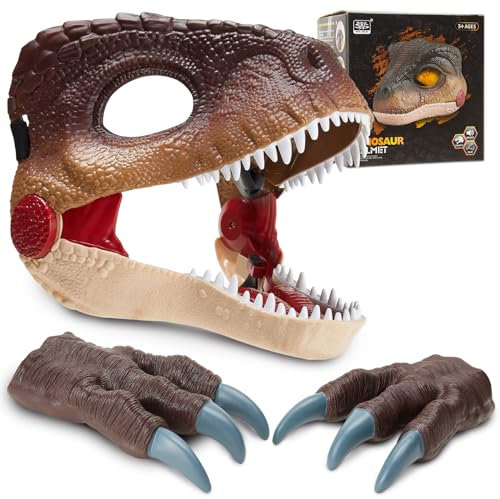 Pwtuuki Hartplastik Dino Maske mit Sound Beweglichen Kiefer, Dinosaurier Masken & 2 Claws für Kinder Erwachsene Dino Kostüm Halloween Geschenk für Junge Mädchen ab 6 Jahre