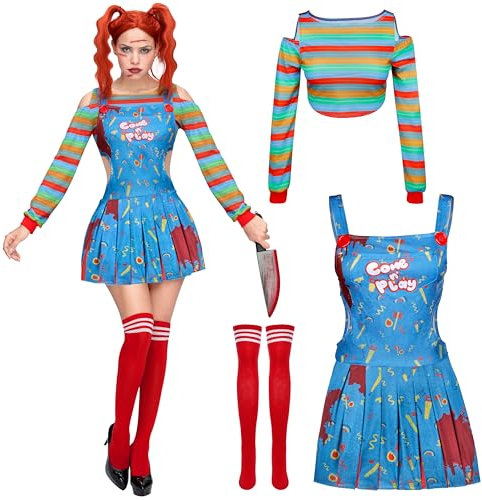 Spooktacular Creations Costume de poupée tueuse pour femme, robe de clown cosplay avec t-shirt arc-en-ciel, jupe à bretelles et bas jusqu'aux genoux pour costume de fête d'Halloween-S
