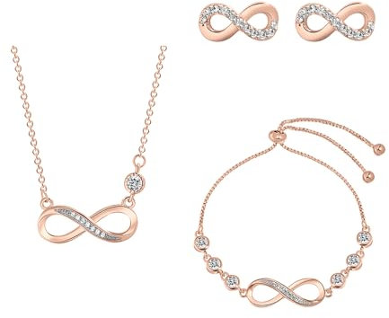 XIWCAFC Jewellery Set for Women Silver Infinity Heart Necklace Stud Earrings Bracelet Set White Gold Plated Diamond Pendant Necklaces Gift for Her Girls,Cubic Zirconia Jewelry Gifts (Rose gold)