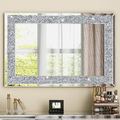 SHYFOY Großer Kristall Spiegel 90 x 60 cm Rechteckiger Dekorative Wandspiegel Silber Diamant Spiegel für Bad Flur Wohnzimmer, Atemberaubende Wohndekoration