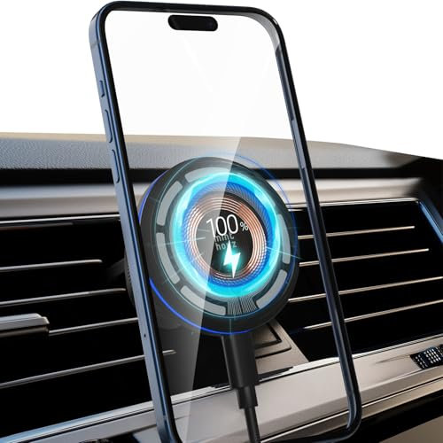 Minthouz 15W Fast Charging Magsafe Magnetic Wireless Car Charger, Compatible with iPhone 16/15/14/13/12 Series and Other Qi-Certified Phones with a MagSafe Case, Mag-safe Car Vent Charger