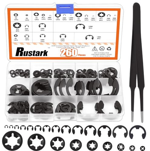 Rustark 261 Stück M2-M12 Schwarz Innenzahn Unterlegscheiben und 14 Größen Schwarz E-Clips E Externe Sicherungsringe Sortiment Set für Befestigen Wellen Lager Lock Washers