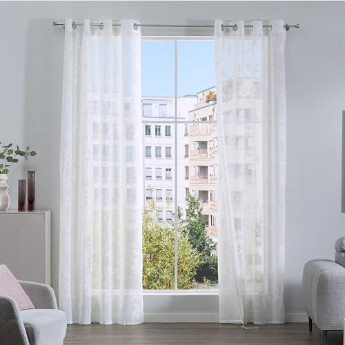 Como Gardinen 2er Set Vorhänge 245 x 140 cm Weiß Bestickt Floral - Transparente, lichtdurchlässige Ösenschals aus Polyester für Wohnzimmer, Kinderzimmer, Schlafzimmer, Büro