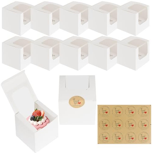 18 Stück Cupcake Boxen Weiß Cupcake Schachteln, Cupcake Boxen Einzeln 9x9x9cm, Cupcake Box mit Fenster, Kleine Backboxen mit Boden und 24 Aufklebern, Backboxen für Hochzeiten, Geburtstage und Party