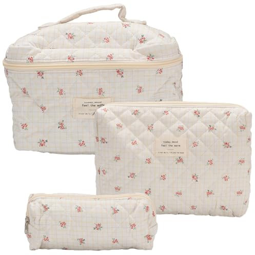 Trousse de Toilette 3 pièces, Trousse de Maquillage en Coton, Trousse de Toilette cosmétique de Voyage de Grande capacité, Trousse cosmétique matelassée pour Femmes Dames Filles (C)