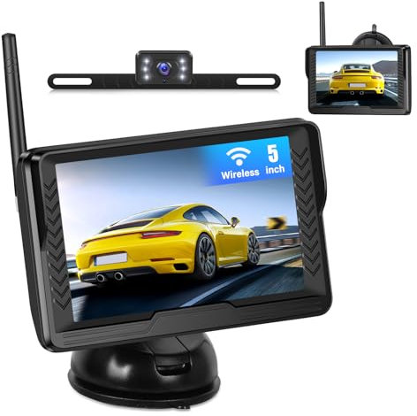 CAMECHO Wireless Reverse Camera 5 Inch Video Recording DIY Reversing Aid & Image Flip, 145° Wide Angle IP69 Waterproof Night Vision Reversing Camera for Car Minivans SUV-12V