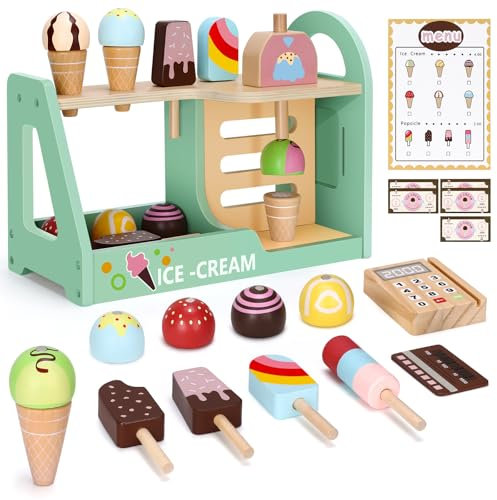 RILSO Gifts for Girls Boys,Wooden Ice Cream Set,Play Food Sets for Children Kitchen,Ice Cream Toys for Kids Kitchen Accessories Girl Gifts,Role Play Toy