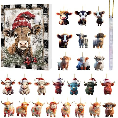 Highland Cow Adventskalender 2024 | Kühe Anhänger Weihnachtskalender 2024 | 24 Stück 2D Kuh Ornament Christmas Vacations Adventskalender | Schöne Bescherung Adventskalender 2024 Kinder Erwachsene