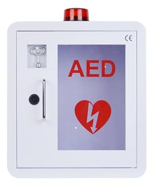 AED-Schrank, Metall-Stahlplatten-Aufbewahrungsschrank zur Wandmontage, passend für alle AED-Defibrillatoren, ausgestattet mit Alarm-Notfall-Blitzlicht, türaktivierter Alarm