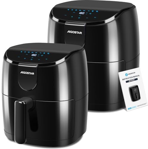 Aigostar Freidora de aire 4L, 8 programas Air Fryer 1500W, Temporizador de 60 minutos, pantalla LED táctil, precalentamiento rápido, Recordatorio de agitación, Libre BPA, 2 Piezas