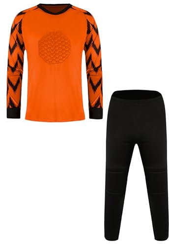 TiaoBug Jungen Fußball Torwart Trikot Set Langarm Sportshirt und Sporthose mit Polsterung Schutz Ausrüstung Anzug Orange 158-164