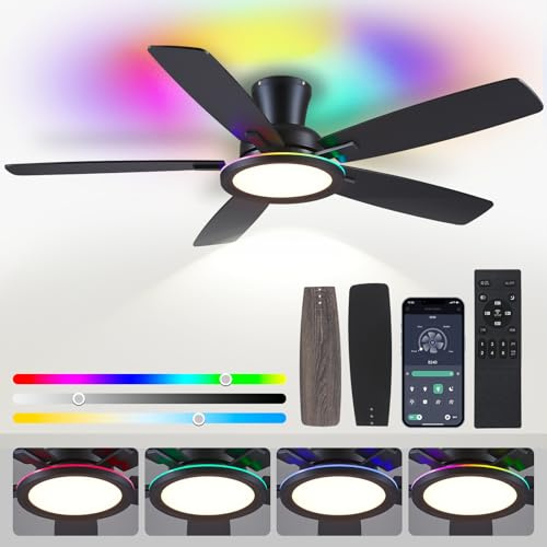 BYKISTOK Flush Mount Ceiling Fan with RGB Light - 52 Inch Black Ceiling Fan with Reversible Quiet Motor, Dimmable 3CCT LED, Profile Modern Ceiling Fans