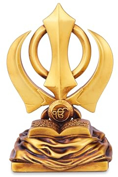Artarium Khanda Sahib Symbol Statue (10 cm), Sikh Religiöses Zeichen Figur für Auto Armaturenbrett, Wohnungsdeko & Büro Tisch Dekoration, Gold Optik Spirituelle Deko & Geschenkidee