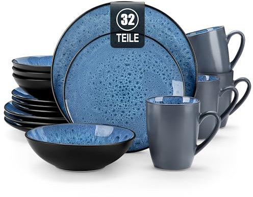 Geschirrset Steinzeug, vancasso BUBBLE 32-tlg Geschirr Set blau, Reaktive Glasur Tafelservice mit Teller Set, Schalen und Tassen Set aus Steingut, für 8 Personen