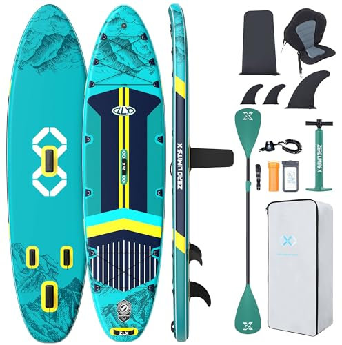 ZLX 350cm Extra Groß Stand Up Paddle Board mit Sitz Große Tragfähigkeit 550LB Inflatable SUP Board für Erwachsene Anfängerfreundlich Stabiles Anti-Rutsch-Deck, Pumpe, SUP Paddle