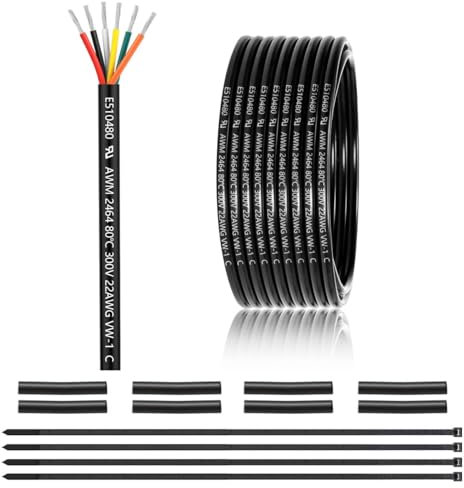 22 AWG 6 x 0.3 mm² 6 Core Cable 7.62 Metres, 22 AWG 6 Core Wire Made of Tinned Copper, PVC 22AWG 6 Core for DC 5V/12V/24V, LED Lighting, Extension Cable, Car etc., CE Certification