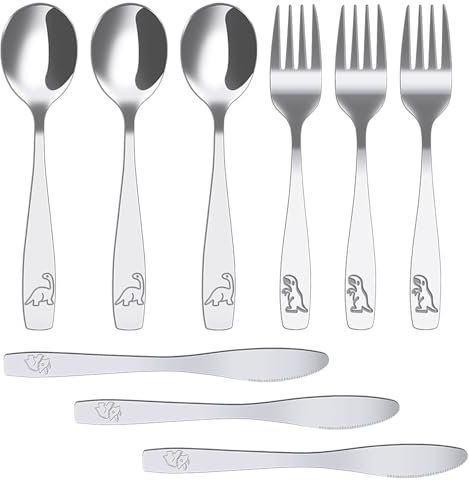 9 Pièces Couverts Enfant INOX, 3 x Fourchette 3 x Cuillère et 3 x Couteaux Dentelé, Couverts pour Enfants Lot de 3, Personnalisé Dinosaure Gravé, pour Tout-Petits, Âge Préscolaire (9pcs Dinosaures)