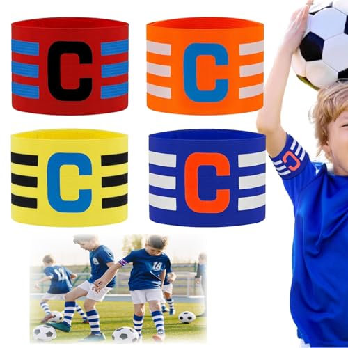 YEWCEP Kapitänsbinde Kinder, 4 Stück Fußball Kapitänsbinde Mit Elastischem Band, Leuchtende Farben Gelb Orange Blau Rot, Ideal Für Kapitänsbinde Kinder Fussball Training Und Wettkämpfe
