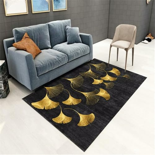 Kunsen 80X140CM Quadratisch Gelber Ginkgo-Blätter-Muster-Schmutzabweisender Teppich Designer Schwarz Jungenteppich Hübscher Deko