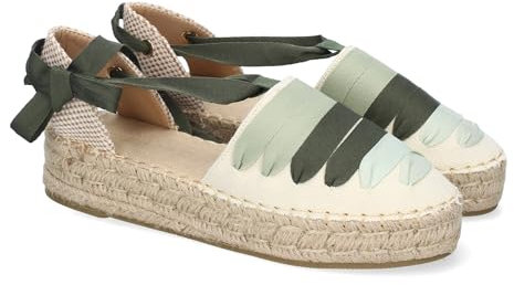 92396 Alpargarta Plana Estilo Valenciana para Mujer, Comodas y Elegantes, Diseno Moderno con Cintas en la Pala Decorativas y Cierre de Cintas al Tobillo, Ideales para Primavera-Verano. Verde Talla 37