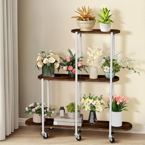 unho Pflanzenregal mit Rollen, 3 Ebenen Blumenregal, Mehrstöckig Blumenständer, Standregal für Innen, Garten, Balkon, Deko