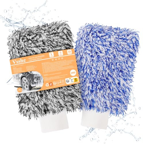 vsshe Guante de Lavado de Autos, vellón Coral, Paquete de 2 Guantes de Microfibra, para el Cuidado Profesional del automóvil, para Lavado de Coches y Limpieza de Ventanas.