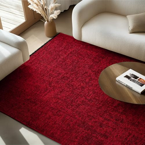 SIMPEX Chenille Teppich Baumwolle Rot 200x290 cm Boho-Stil, Vintage Kelim, Waschbar, Kurzflor, rutschfest & Weich, Einfarbig Meliert, Für Wohnzimmer, Schlafzimmer, Büro & Küche